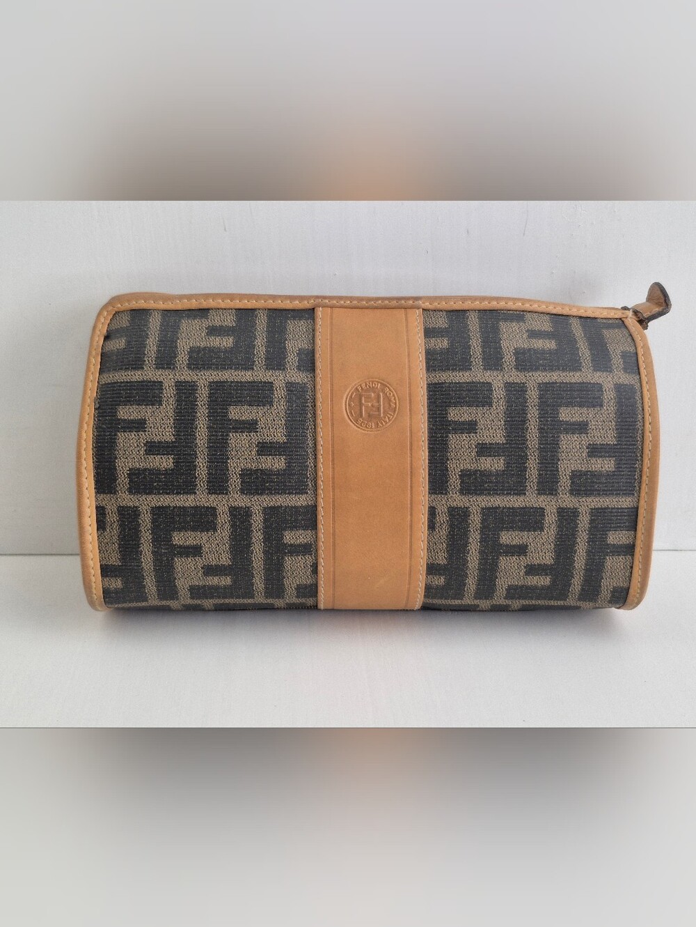 Fendi Brown monogram canvas clutch with tan leather trim